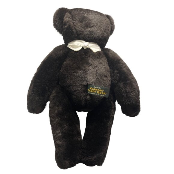 Vintage 1997 Vermont Teddy Bear Jointed Dark Chocolate Brown Bow Tie 16” - Picture 8 of 12